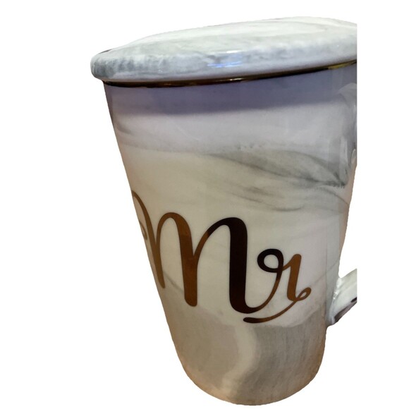 'Mens" Coffee Grey Swirl Ceramic Mug With cover And Gold Colored, HandMade !!! - Picture 4 of 16